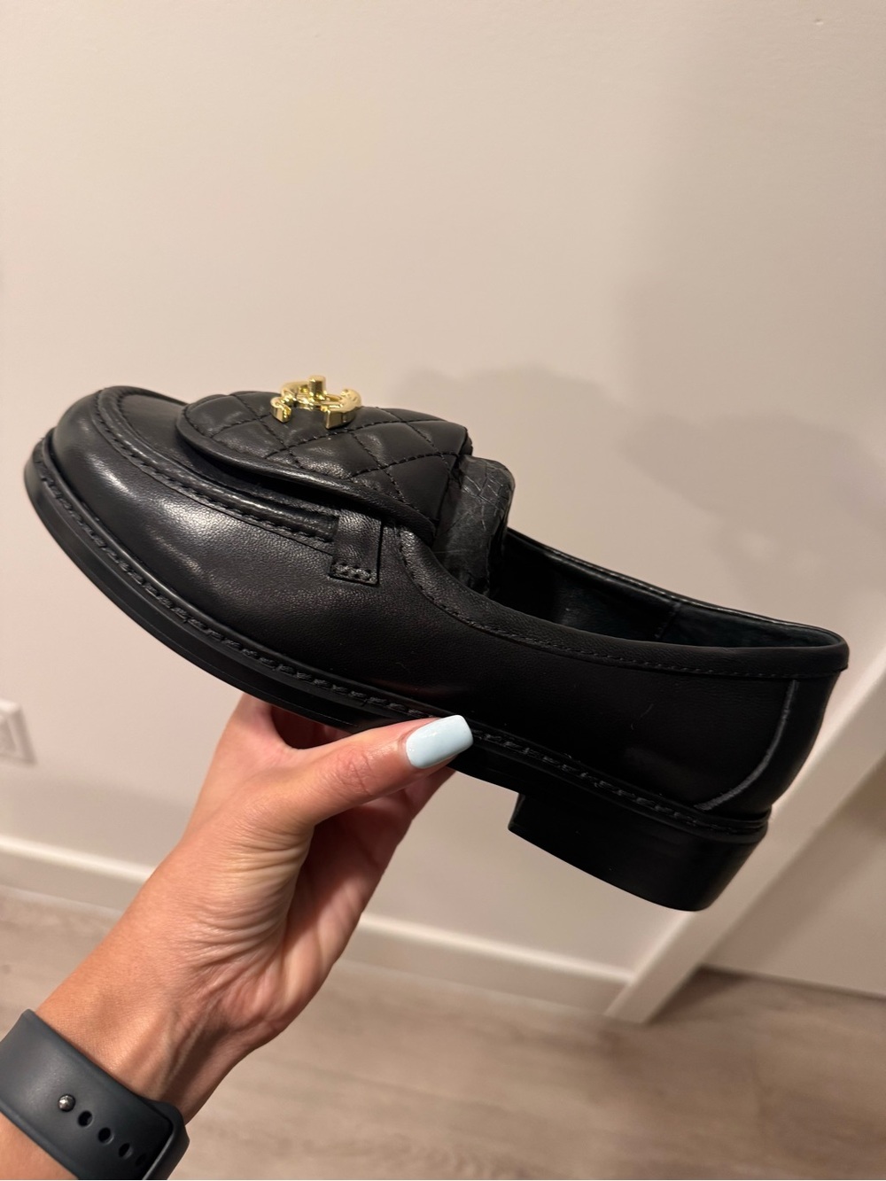Quilted Leather Black Loafers with Gold CC Logo - Picture 4 of 4